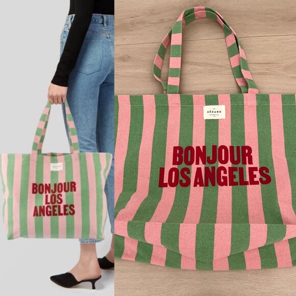 Sezane Bonjour Los Angeles Canvas Pink Green Striped Tote Bag - Limited Release - Picture 1 of 16